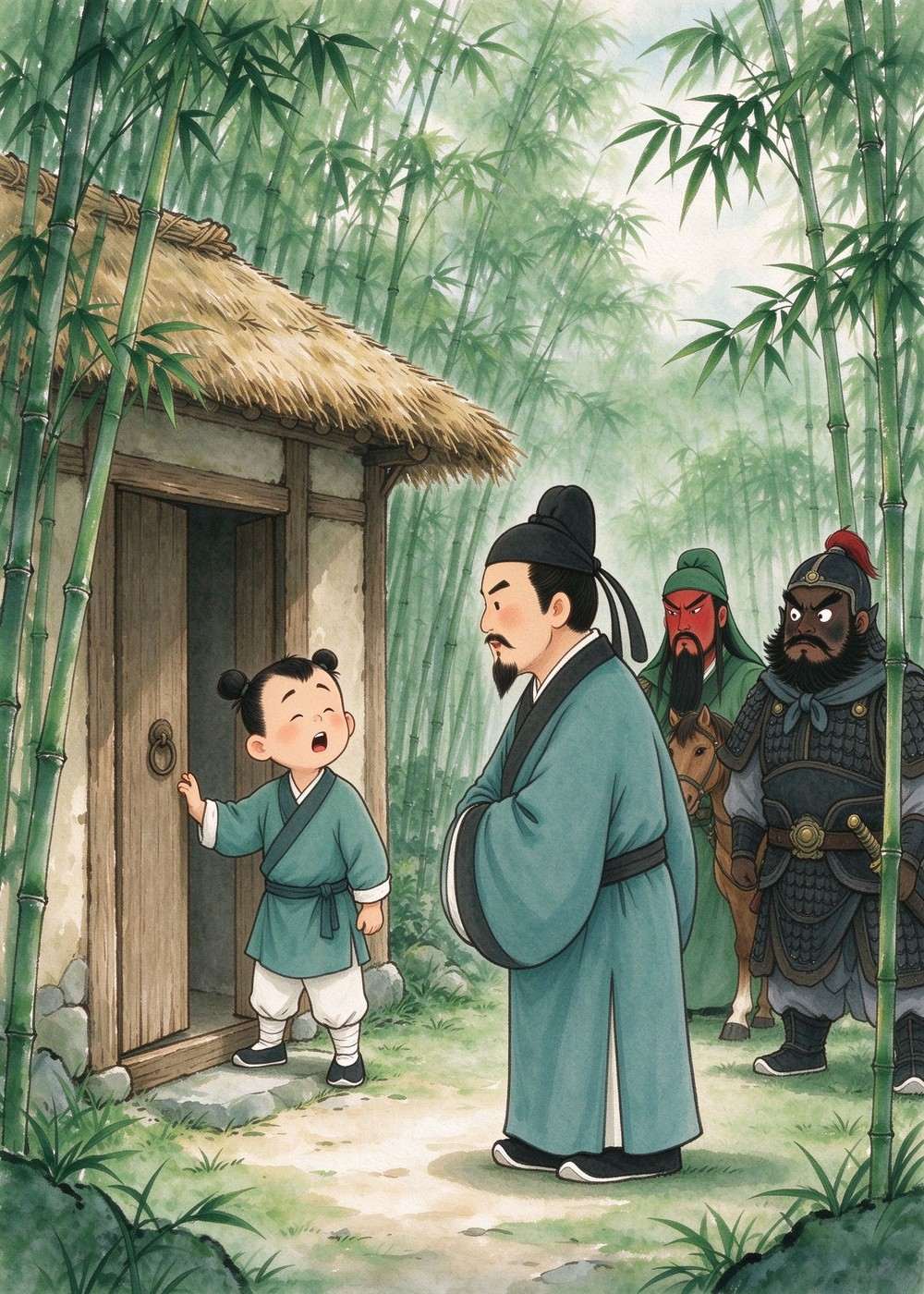 他们来到一间小草屋前,敲门。书童说:"先生出门了。"