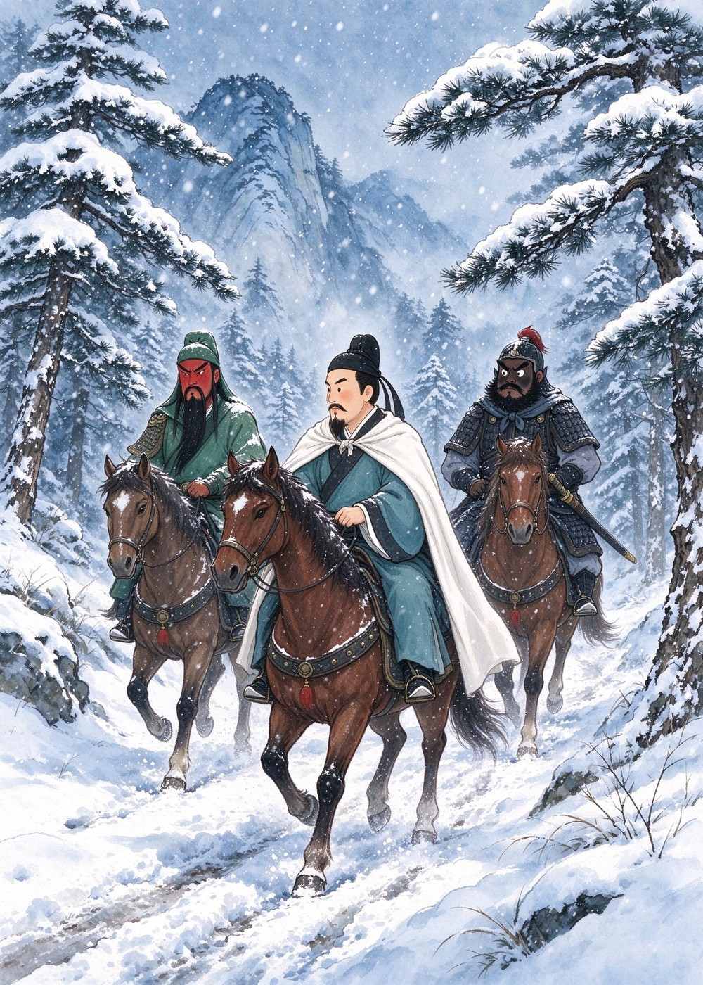 过了些日子,天下起大雪。刘备又带着兄弟俩出发了。