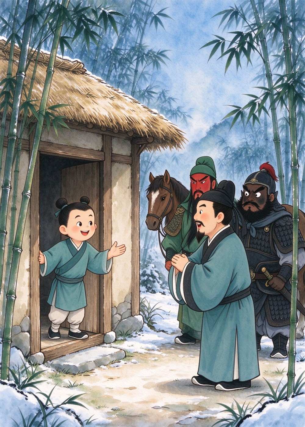 他们冒雪来到草屋,书童说:"先生昨天刚回来,正在读书呢。"