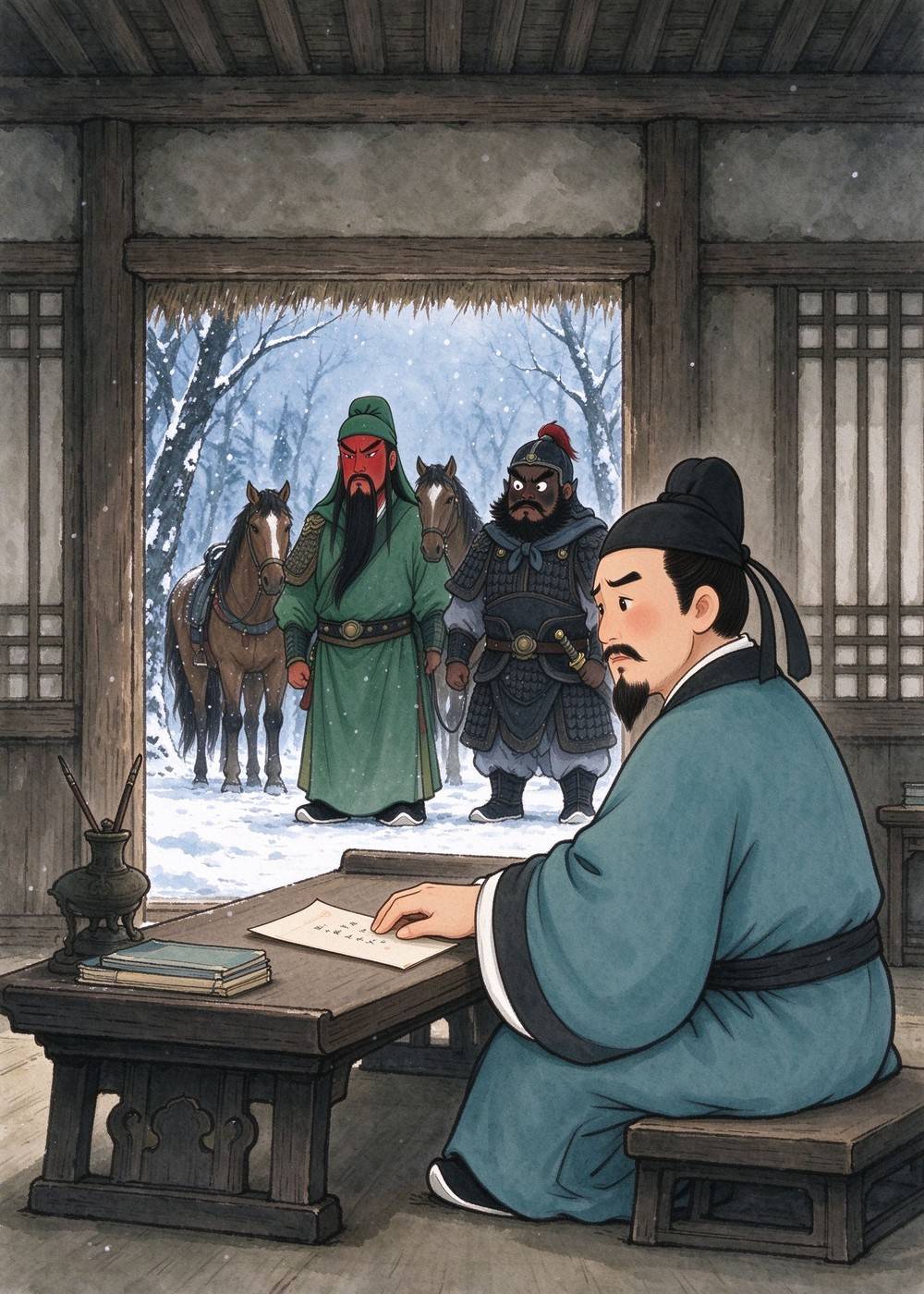 诸葛亮刚好又出门了。刘备留了一封信,才依依不舍地离开。
