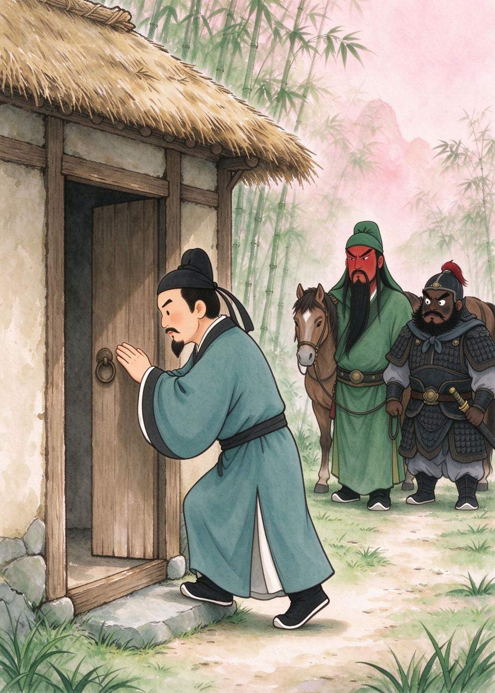 他们走到草屋前,刘备下马,轻轻敲门。