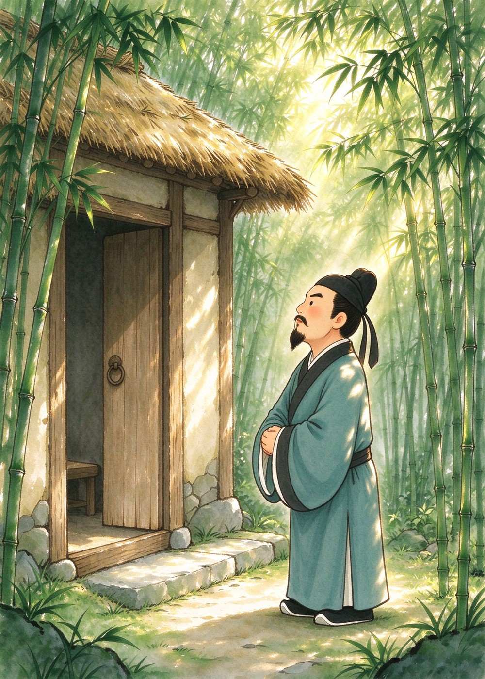 刘备不让叫醒他,自己轻轻站在台阶下等。