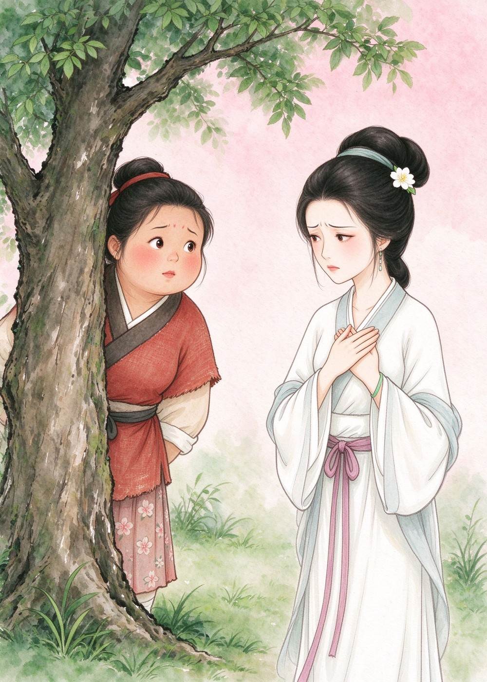 东施看到西施捂着胸口皱眉的样子，心想："她这样真美呀！"