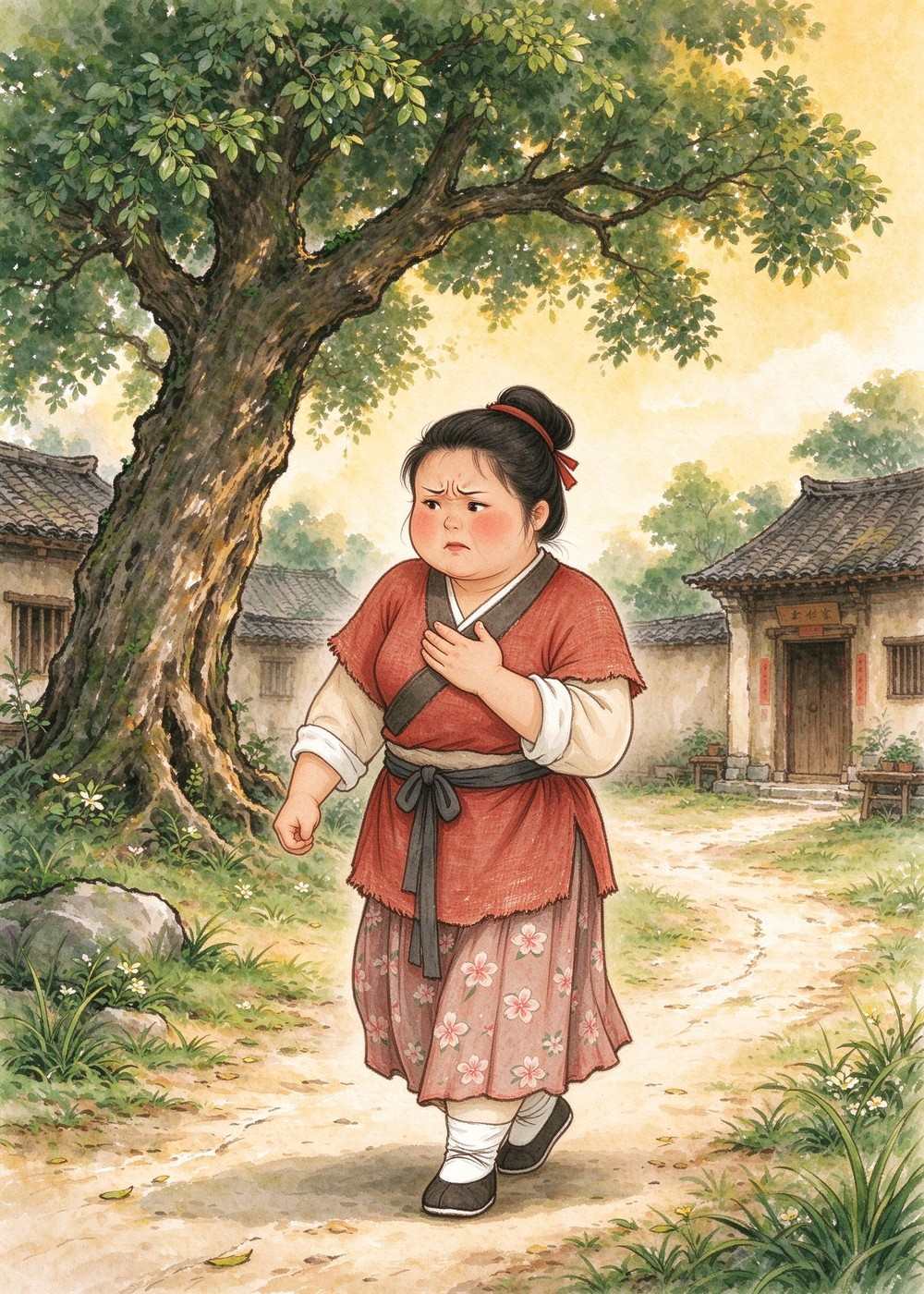 一天，东施也学着西施，皱着眉头，捂着胸口，走出了门。