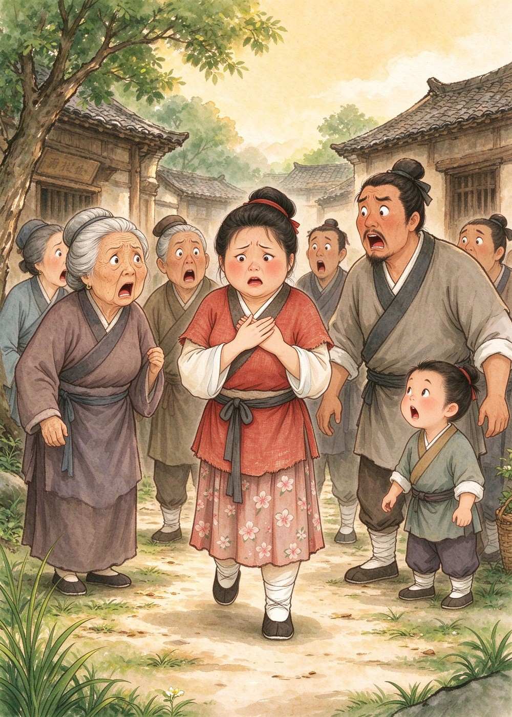 村里的人看到东施这个样子，都吓了一跳。