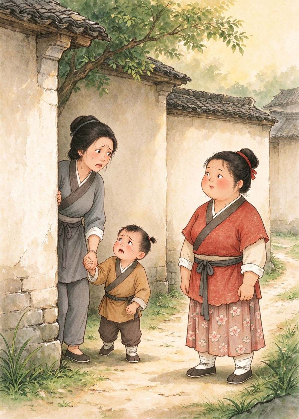 穷人家的妻子拉着孩子，躲得远远的。