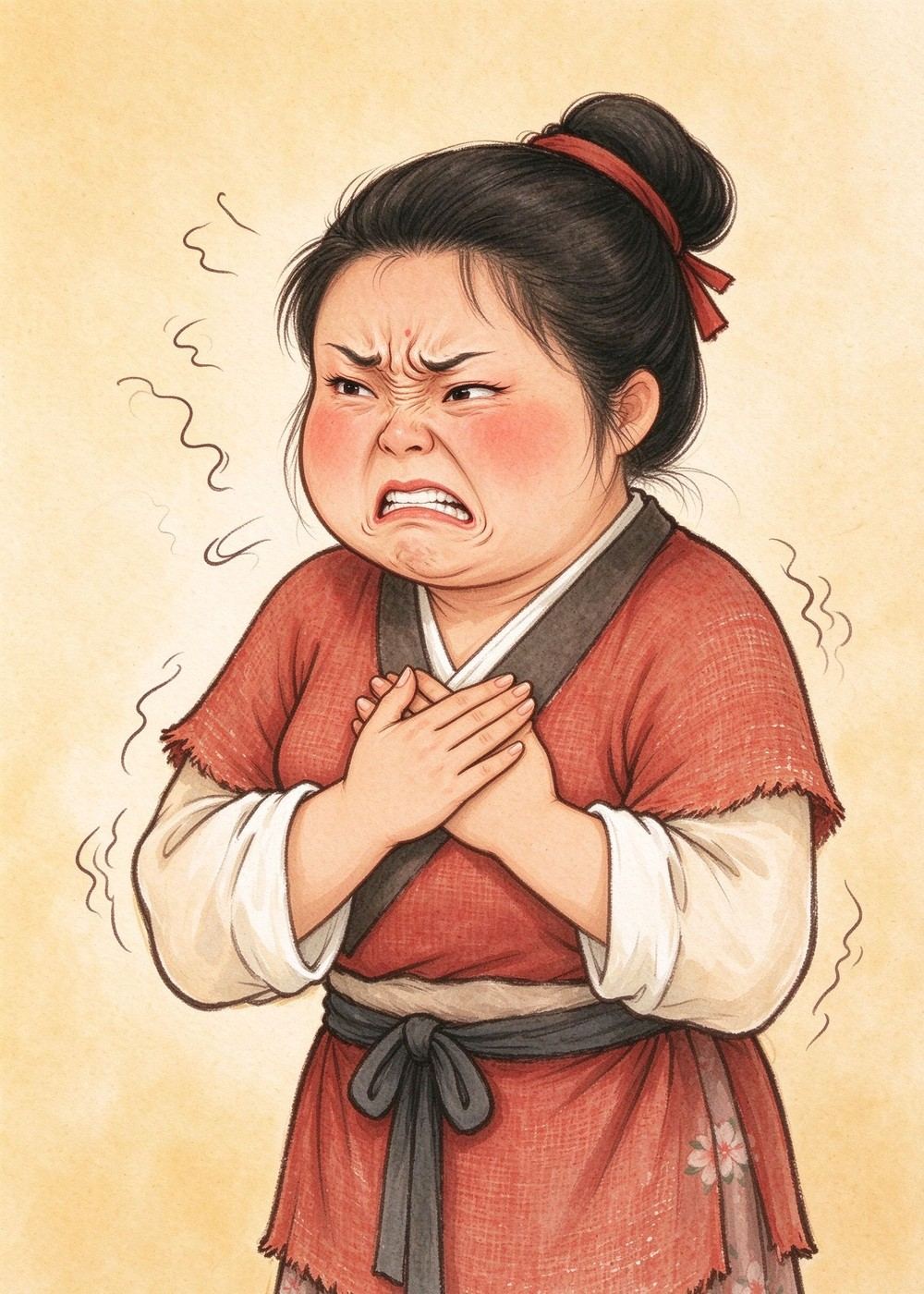 而她是故意学样子，显得很别扭。