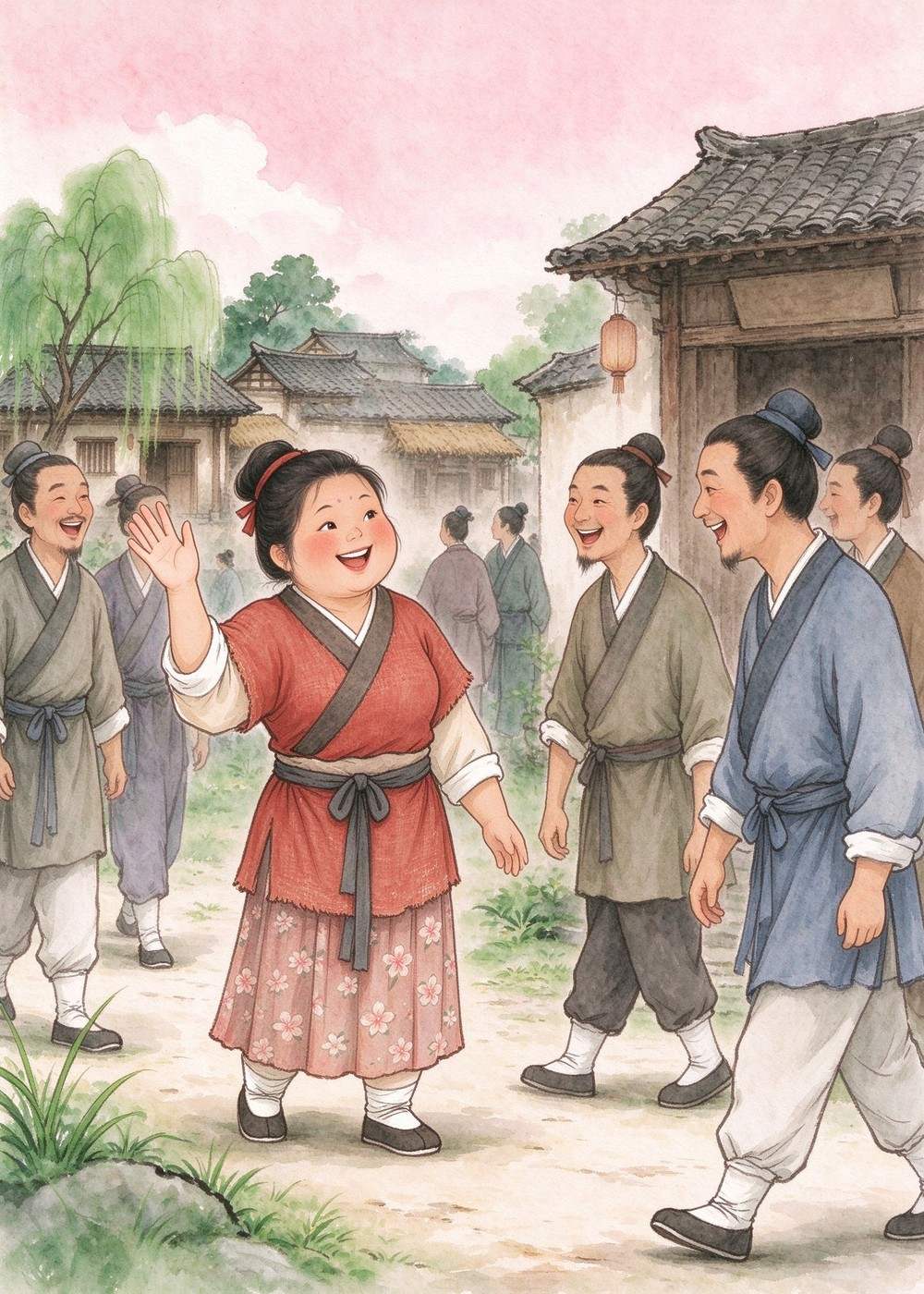 她露出自己本来的笑脸，大方地和大家打招呼。