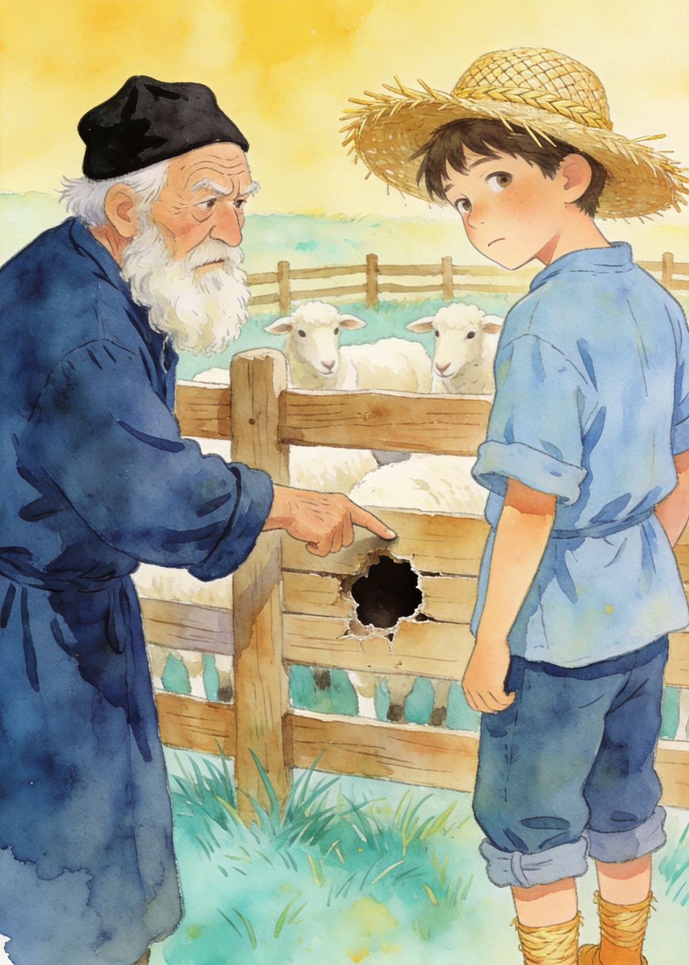 邻居爷爷经过，指着洞说："快把羊圈补上吧！"