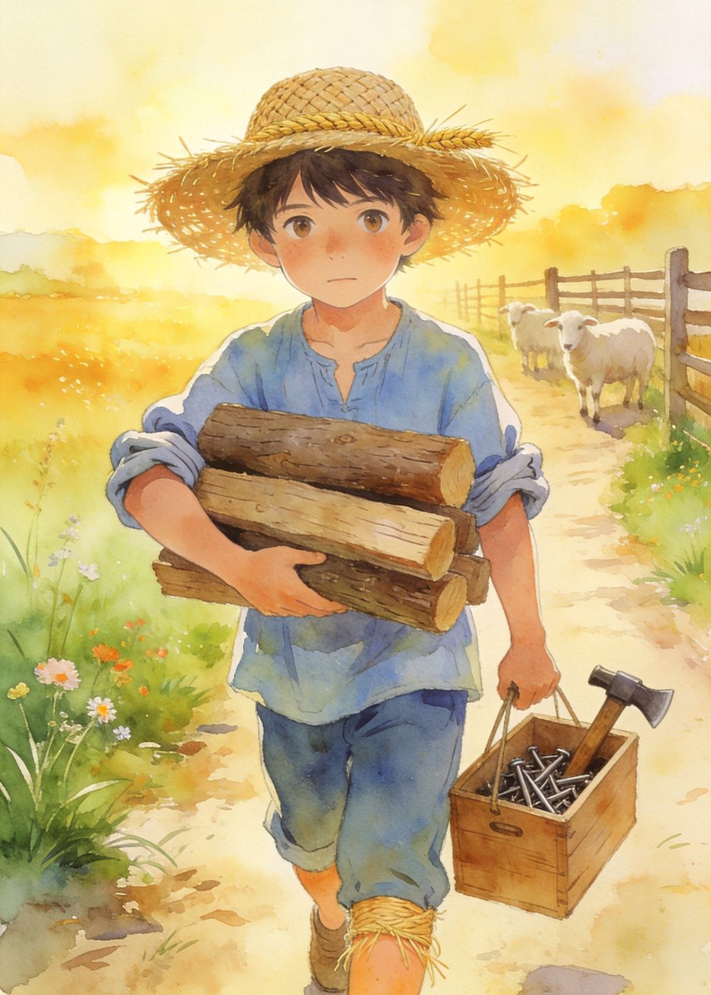 少年擦干眼泪，立刻搬来木板、锤子和钉子。