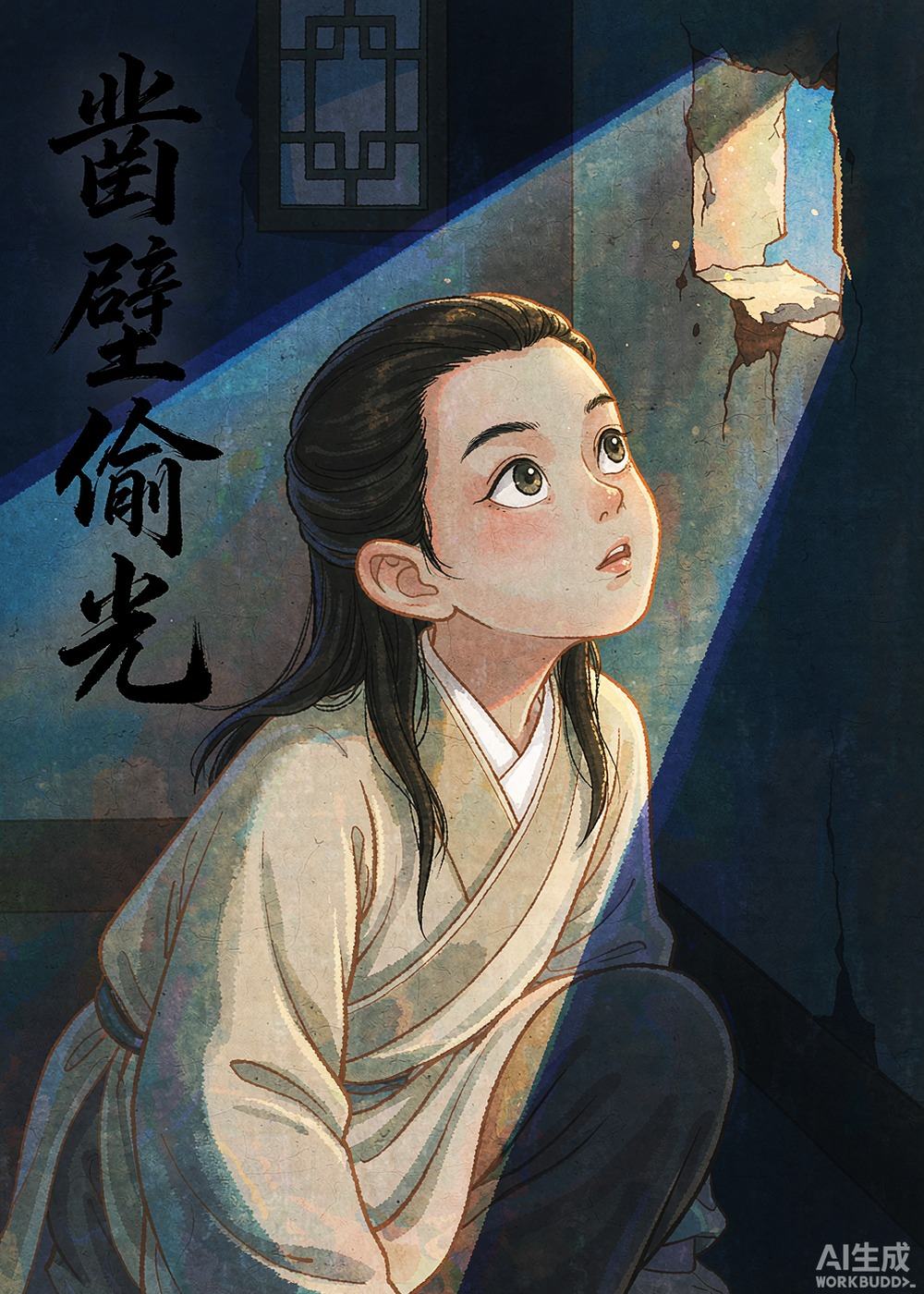 匡衡东看看，西望望，忽然发现墙角透进一丝亮光。