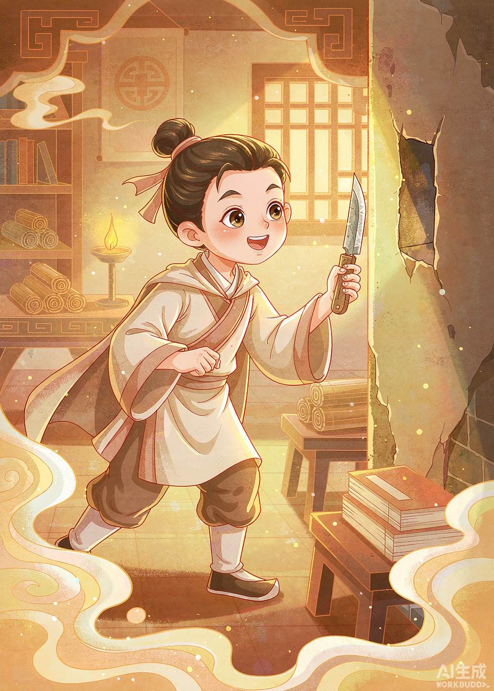 匡衡高兴极了！他找来一把小刀，准备凿墙。