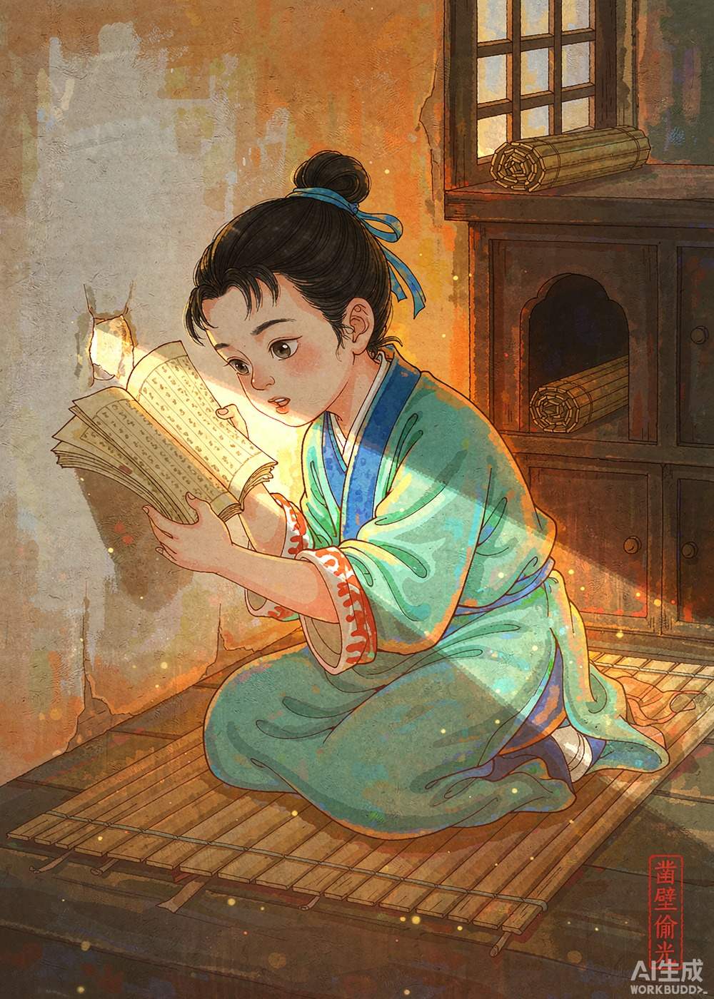 匡衡把书凑近洞口，就着那束光读了起来。