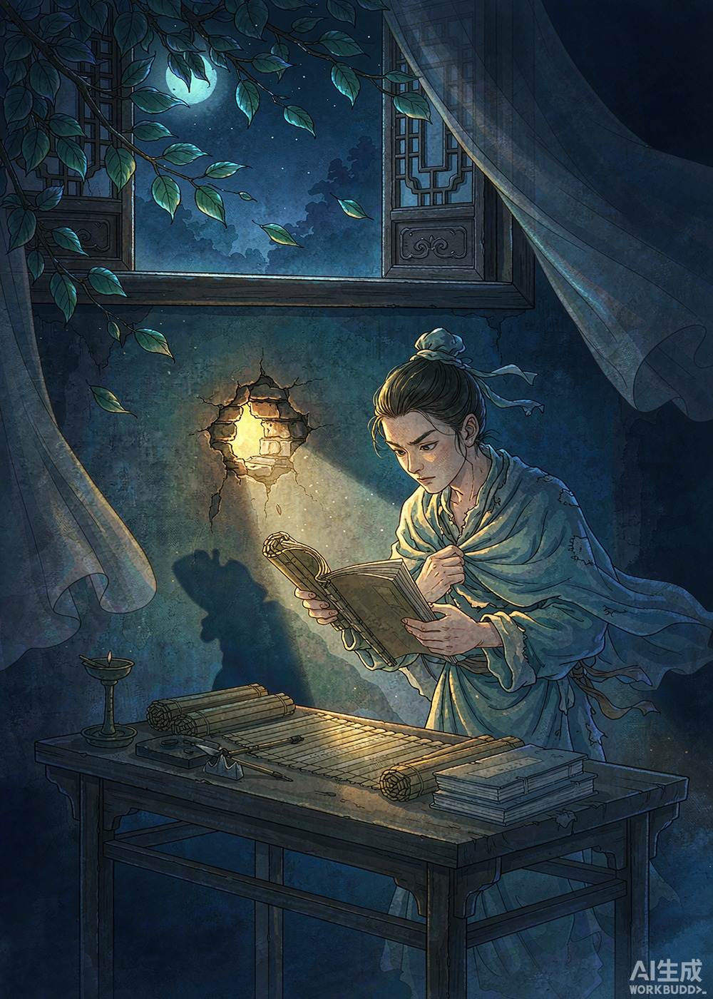 夜风轻轻吹过，匡衡依然在灯下苦读。
