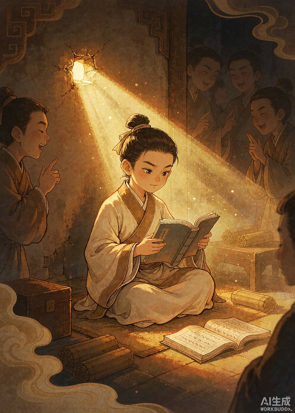 匡衡一点儿也不在意，晚上照样凿洞读书。