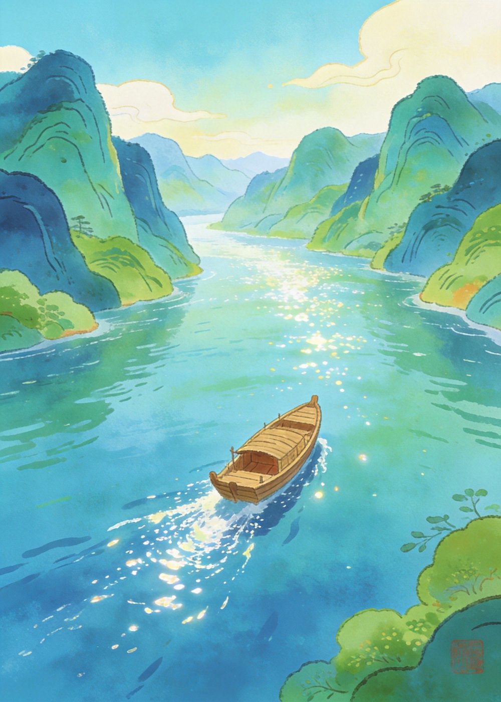 船儿在江面缓缓前行，两岸青山相对，风景如画。