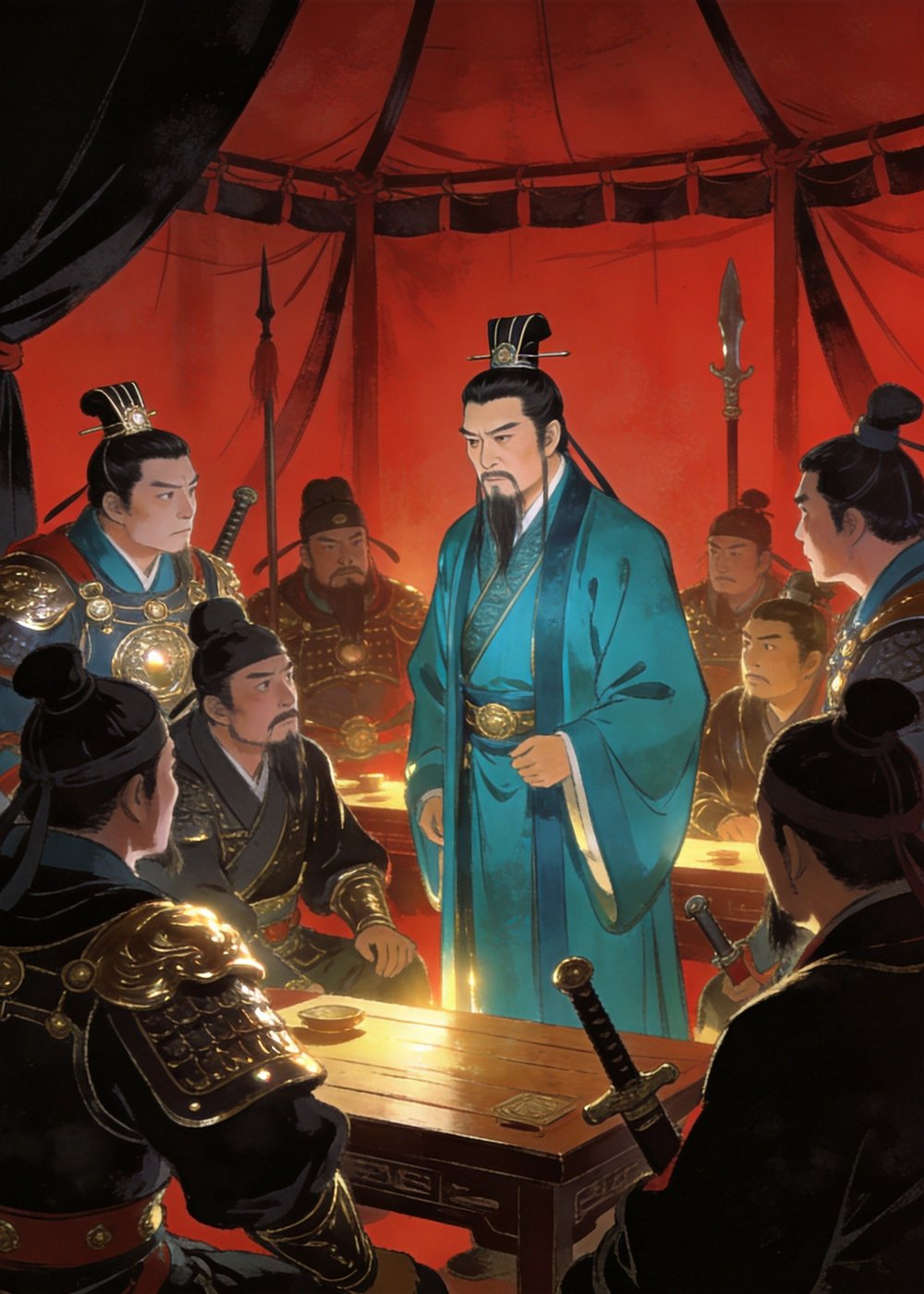 鲁肃想出一计：设宴请关羽赴会，当面把话挑明。