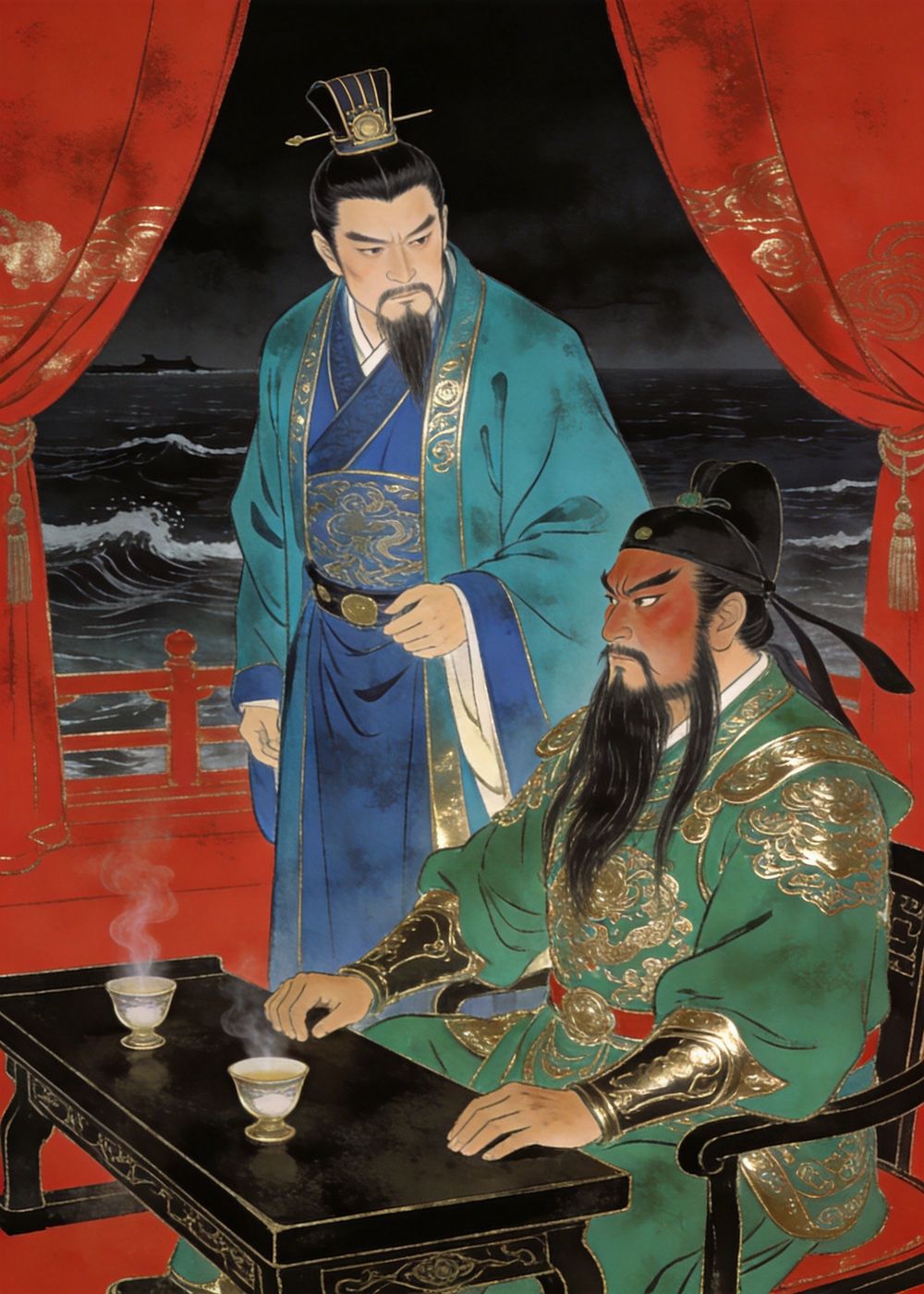 鲁肃责问荆州之事，句句紧逼，想逼关羽当场答应。