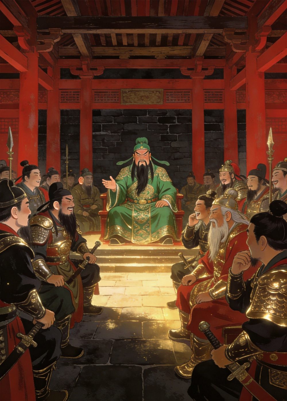 关羽把赴会的经过一一道来，将士们无不对他的胆识由衷佩服。