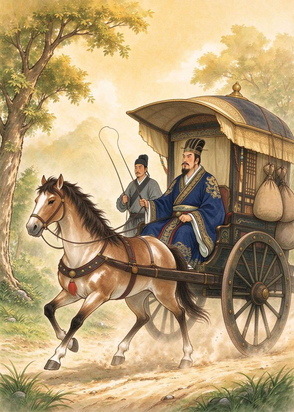 朋友驾着一辆漂亮的马车,车辕上挂着行囊。
