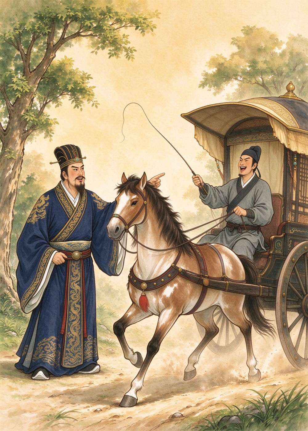 朋友又指指车夫:"我的车夫驾车技术好得很!"