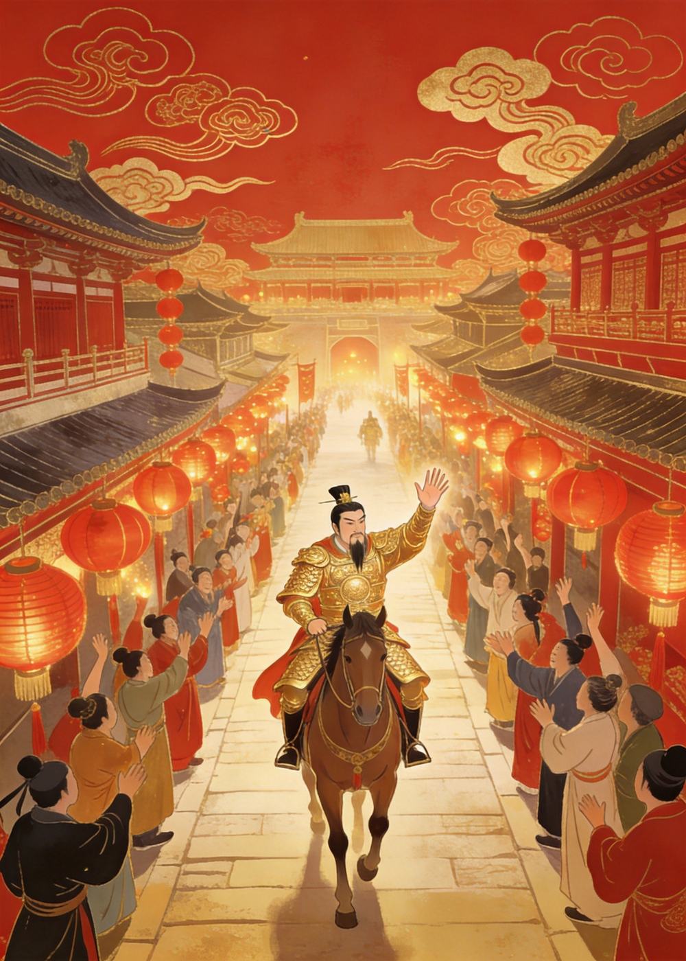 得胜回城那天，百姓们敲锣打鼓，欢迎他们的国君凯旋。
