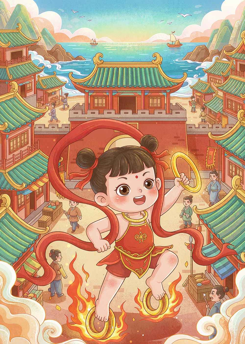 陈塘关有个小哪吒，头扎冲天辫，脚踩风火轮，可神气啦！