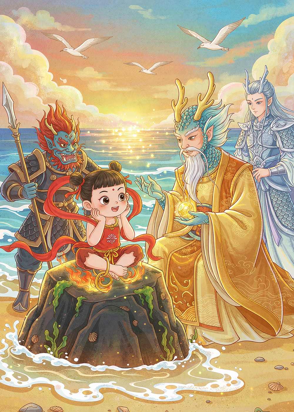 哪吒最爱坐在礁石上，听老爷爷讲大海里神奇的故事。