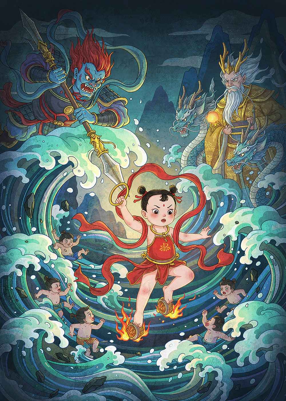 这一天，东海龙王派夜叉冲上岸，把海边玩耍的孩子们都抓走了！