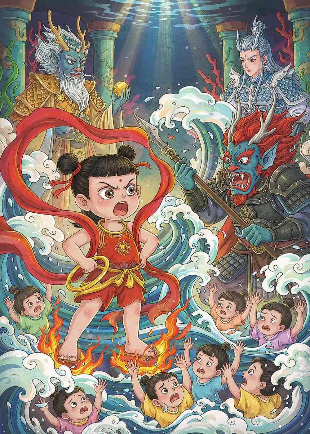“快放了他们！”哪吒握紧拳头，勇敢地站了出来。