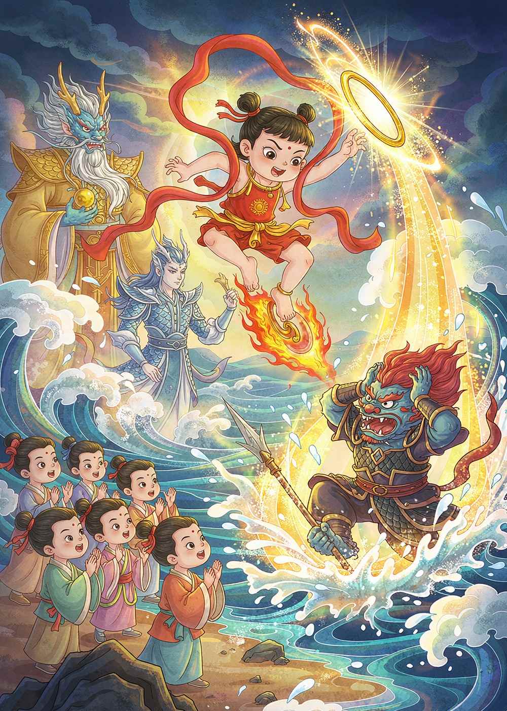 哪吒甩出乾坤圈，金光一闪，夜叉抱头鼠窜，逃回了大海。