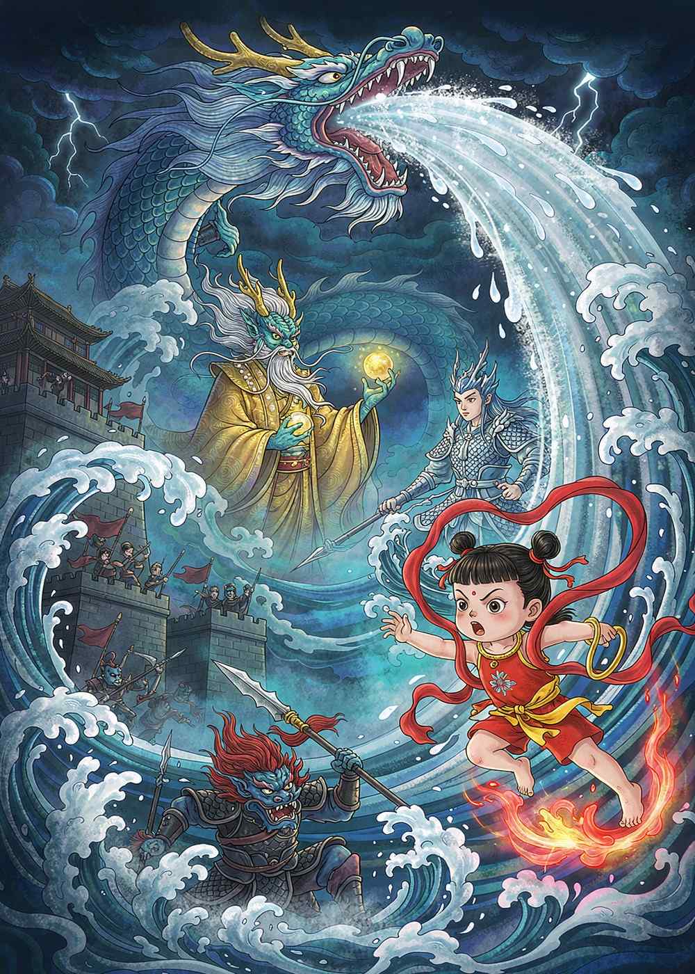 敖丙张开大嘴，喷出滔天巨浪，海浪像小山一样朝陈塘关扑来！