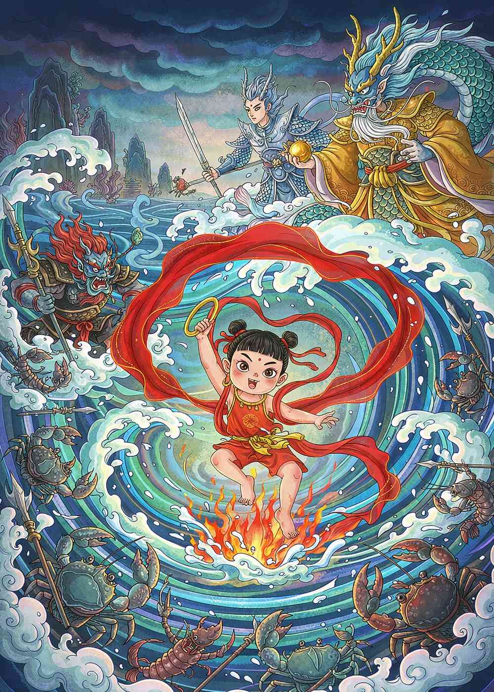 哪吒甩起混天绫，红绸带把大海搅得天翻地覆！