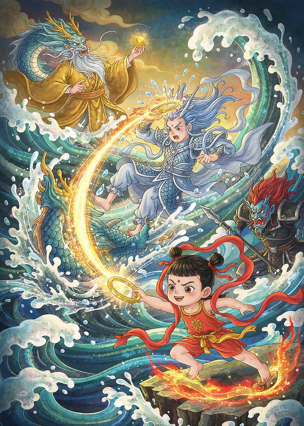 乾坤圈飞了出去，一下子就把大水兽打翻啦！