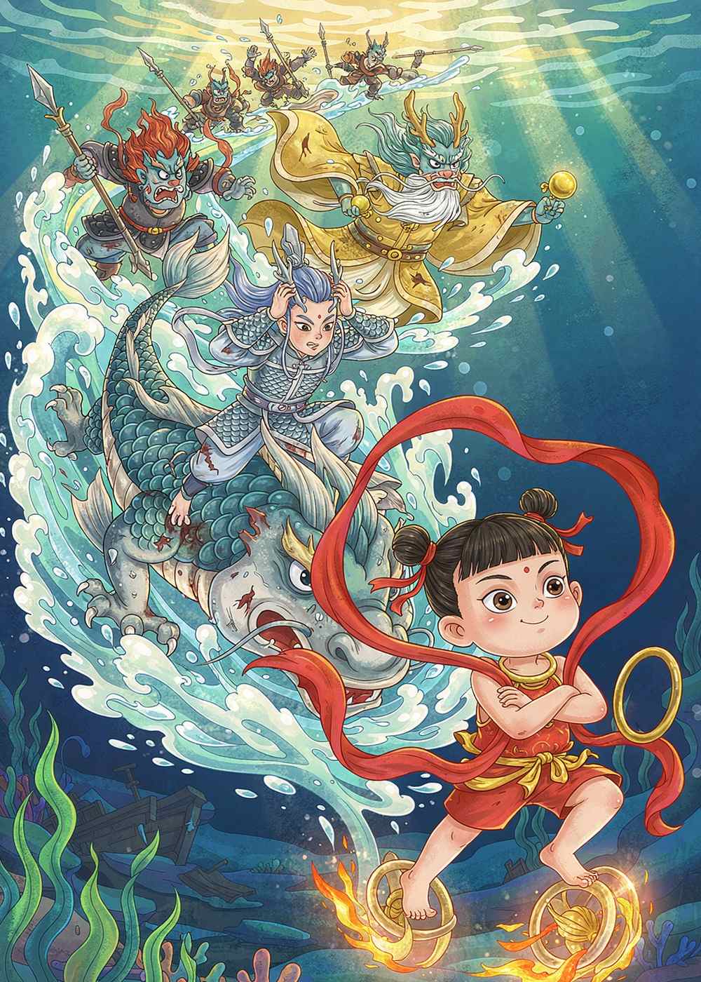 敖丙打不过哪吒，灰溜溜地逃回了龙宫。