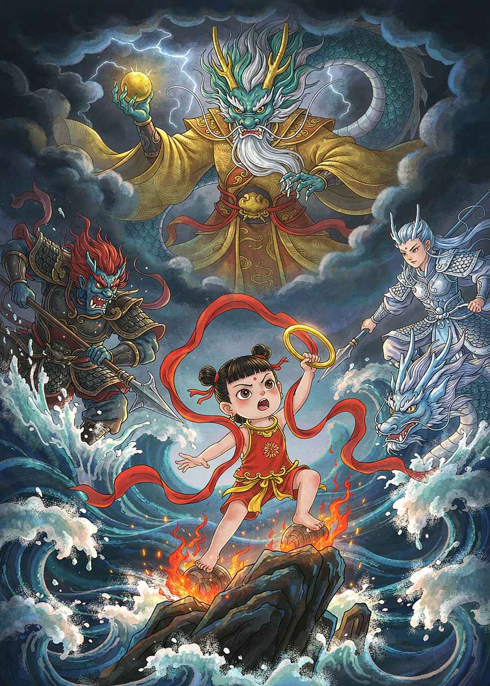 哪吒大声说：“放了孩子们，我就把宝贝还给你！”