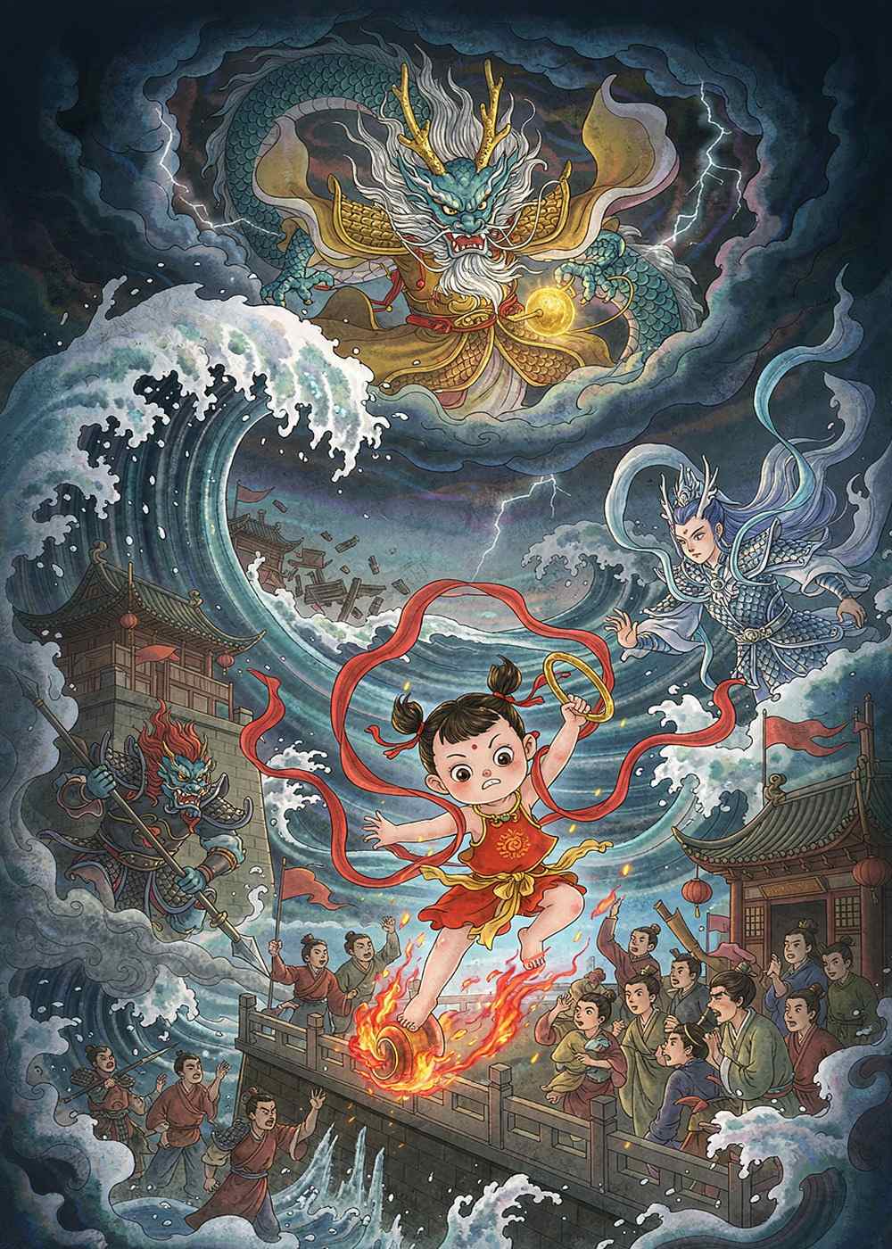 龙王不听，他掀起更大的巨浪，眼看就要淹到村庄了！