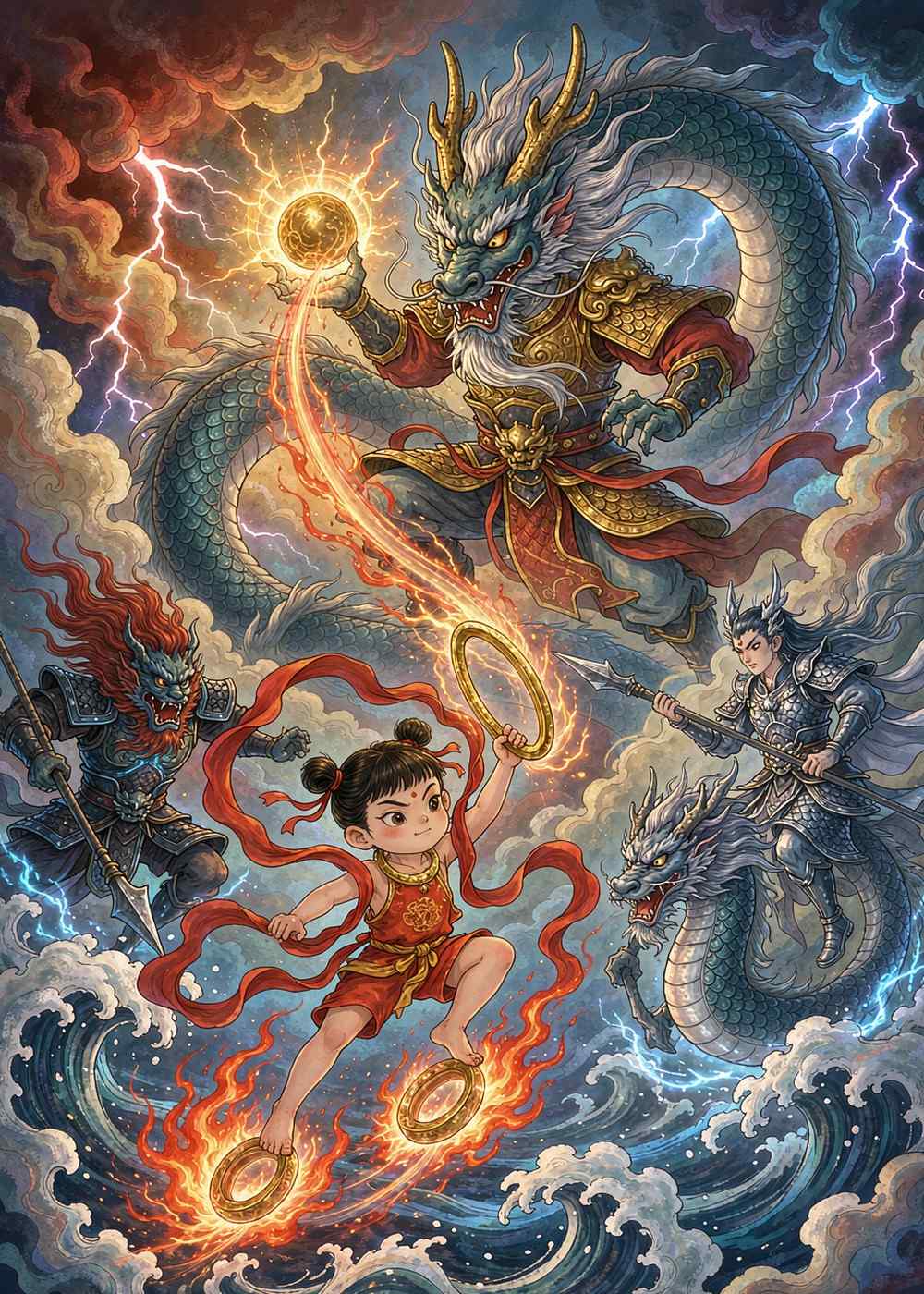哪吒腾空而起，和龙王大战了三百个回合！