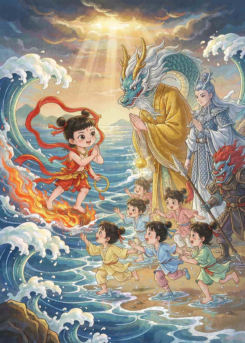 龙王终于认输了，他放出孩子们，答应再也不兴风作浪。