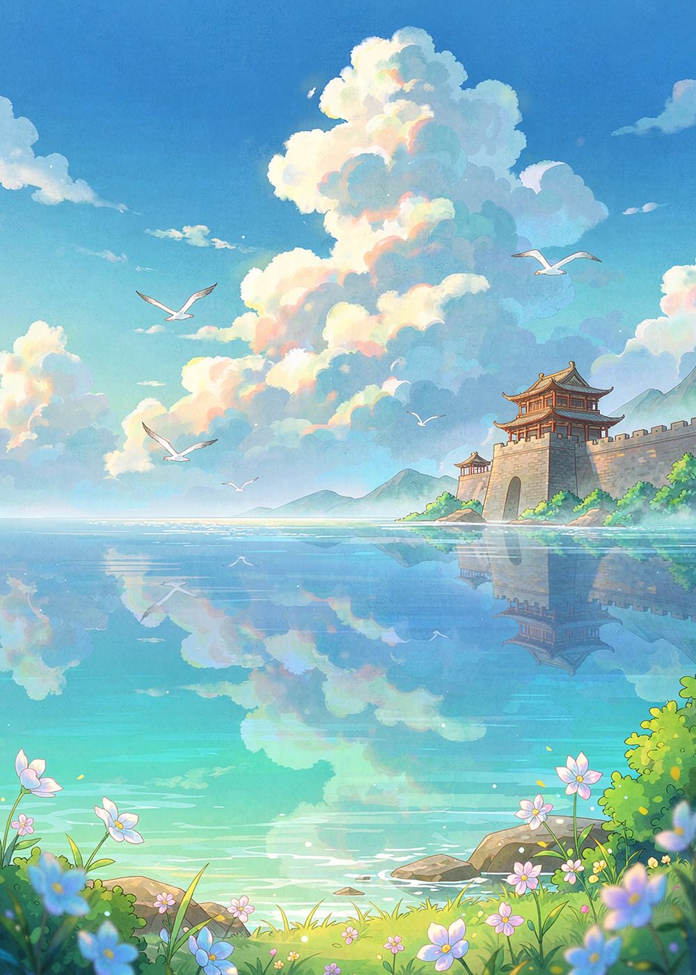 大海恢复了平静，海面像一面亮晶晶的大镜子。