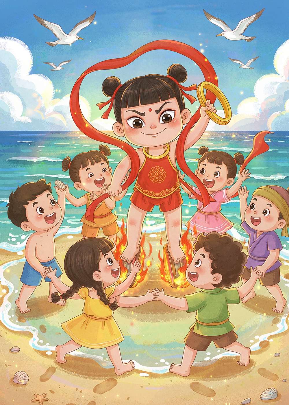 孩子们围着哪吒又唱又跳，大家一起在海边玩游戏。