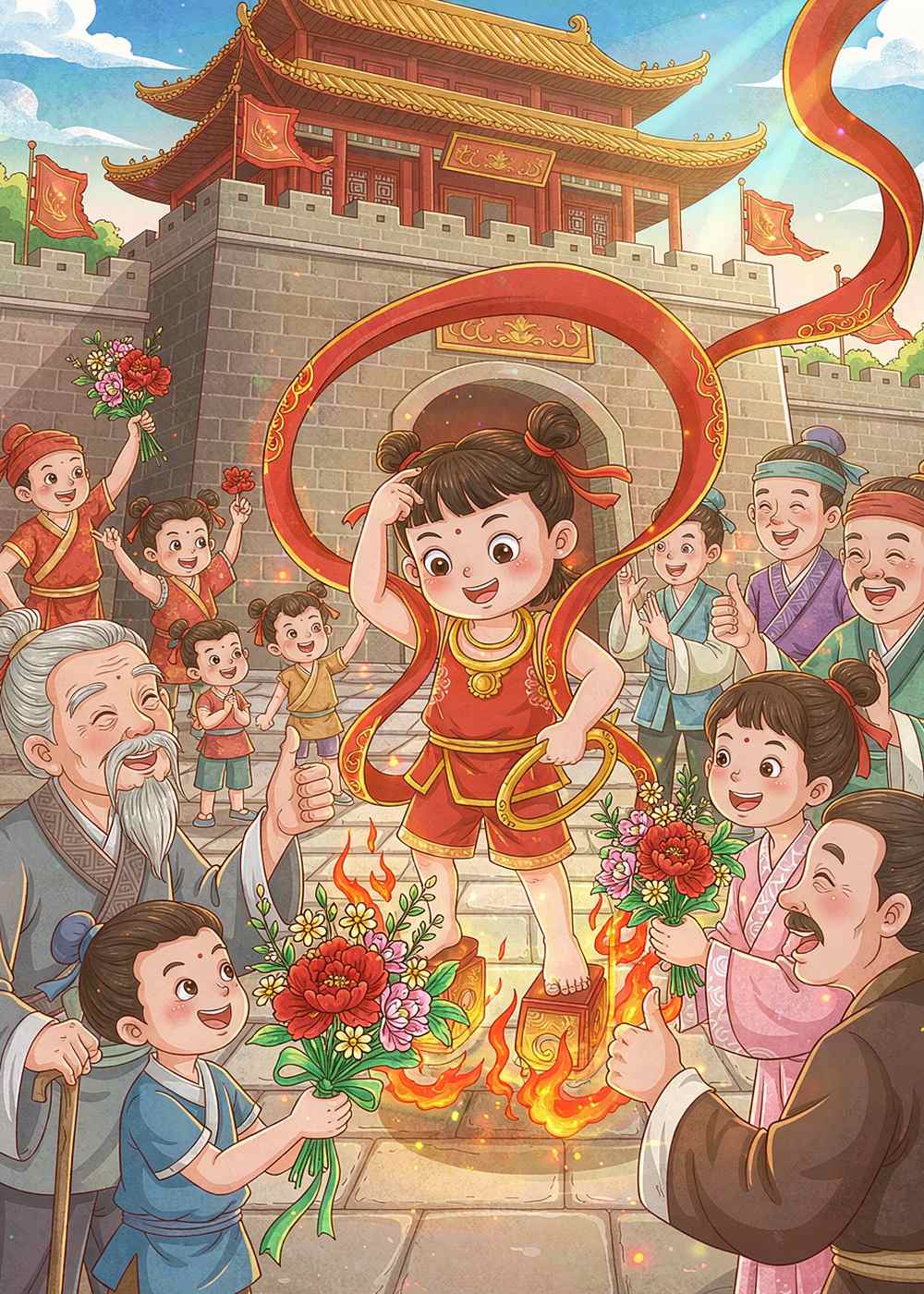 从此，人人都夸哪吒是勇敢的小英雄。