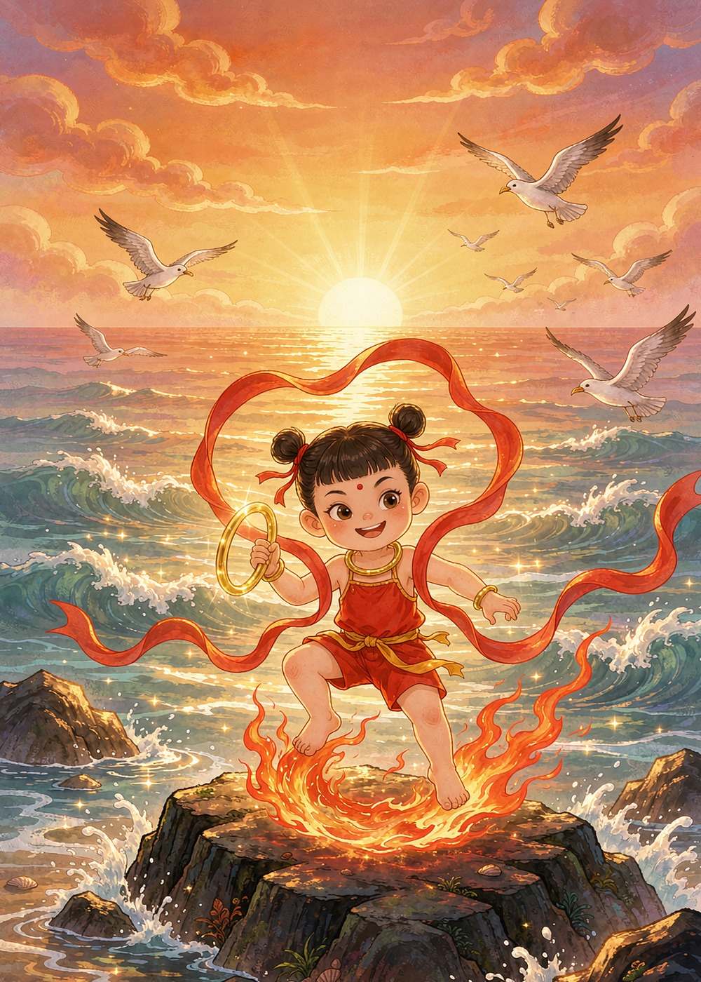 朝霞染红了海面，哪吒站在海边，笑得像一朵小太阳。