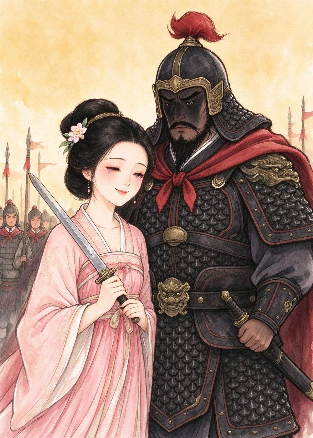 他的爱妃虞姬陪着他,一起唱歌。