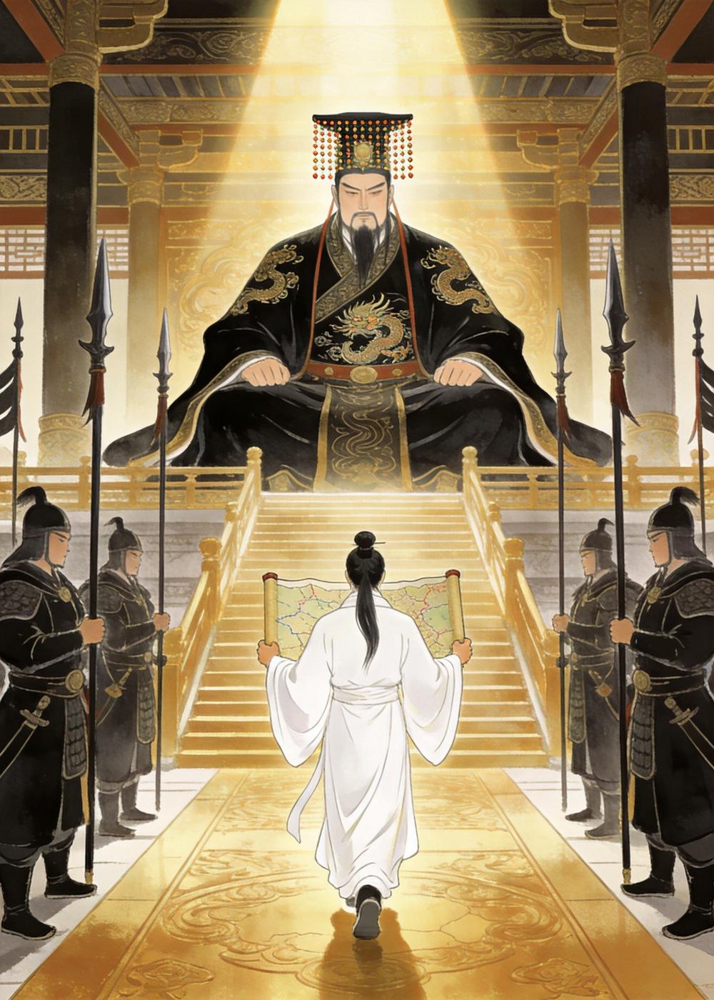 秦王端坐大殿，荆轲捧着地图，一步一步向秦王走近。