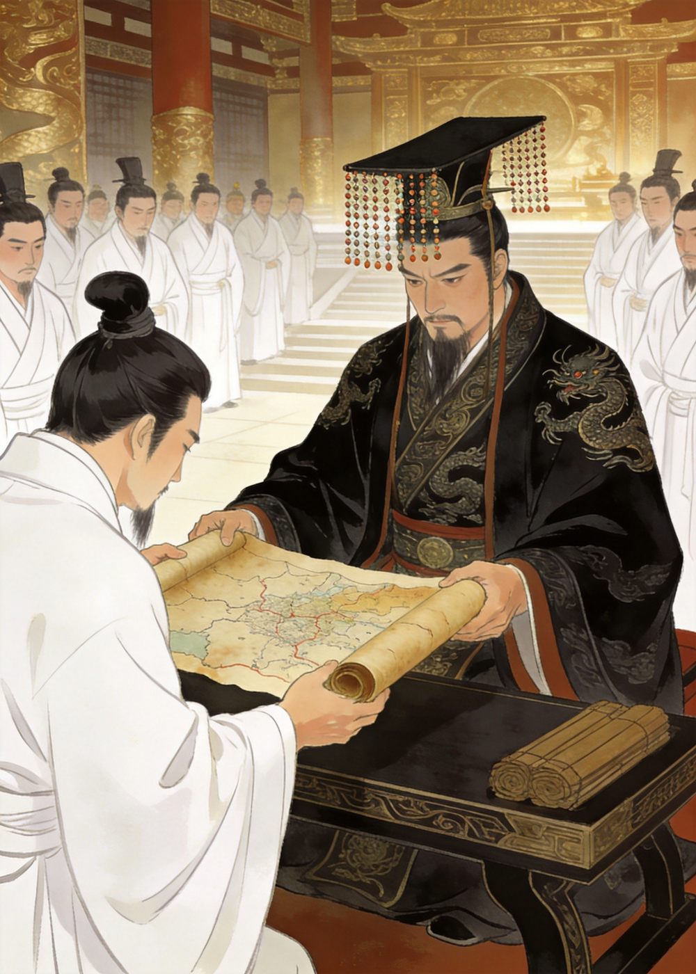 荆轲献上地图，秦王慢慢展开，地图上的山川田野一点点显露出来。