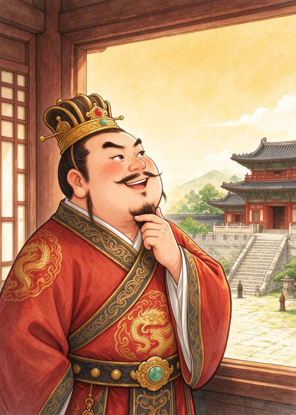 他每天坐在王宫里，觉得自己的国家可大了。