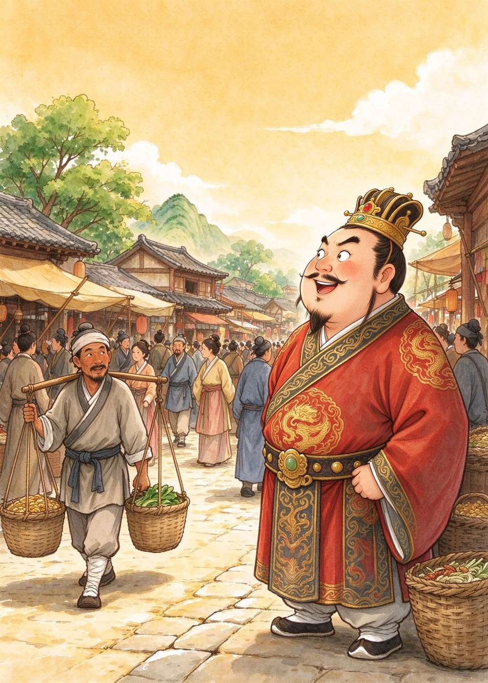 他看到了热闹的集市，人多得像潮水。