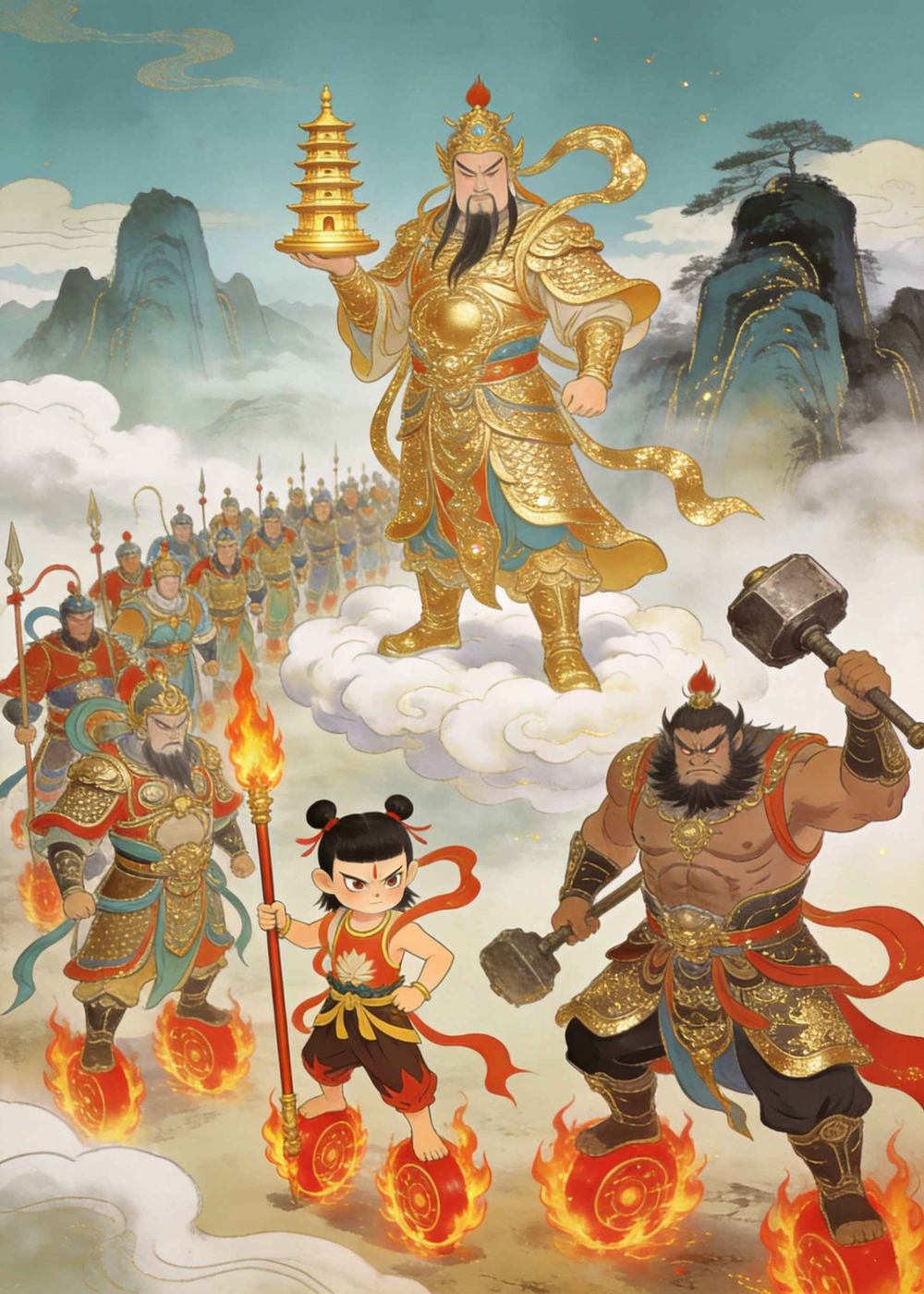 玉帝派托塔李天王带兵来捉拿孙悟空。