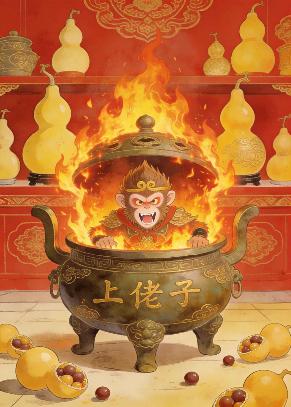 太上老君把他放进炼丹炉，想炼他七七四十九天。